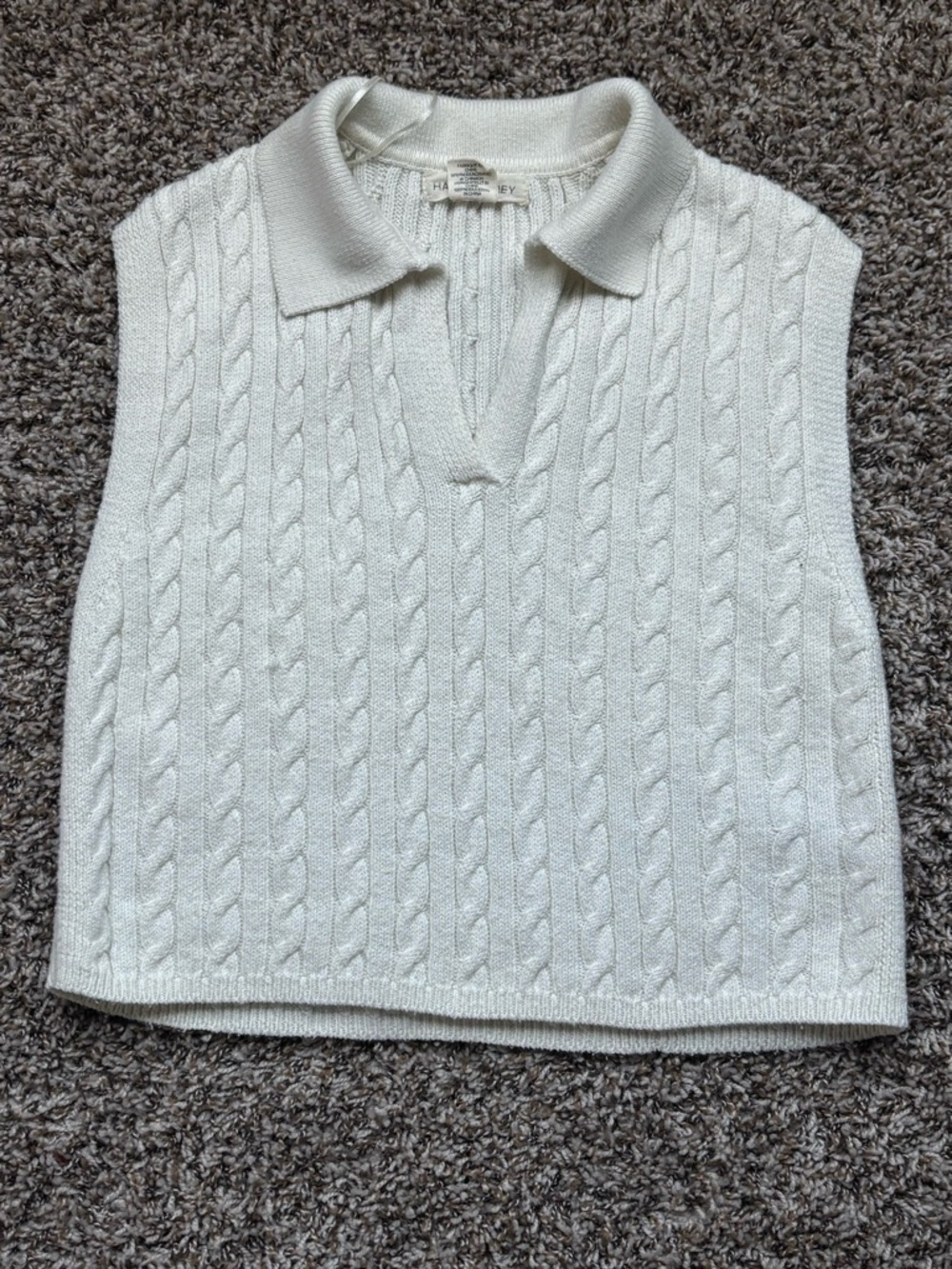 Cable-Knit V-Neck Polo Sweater Vest in Cream